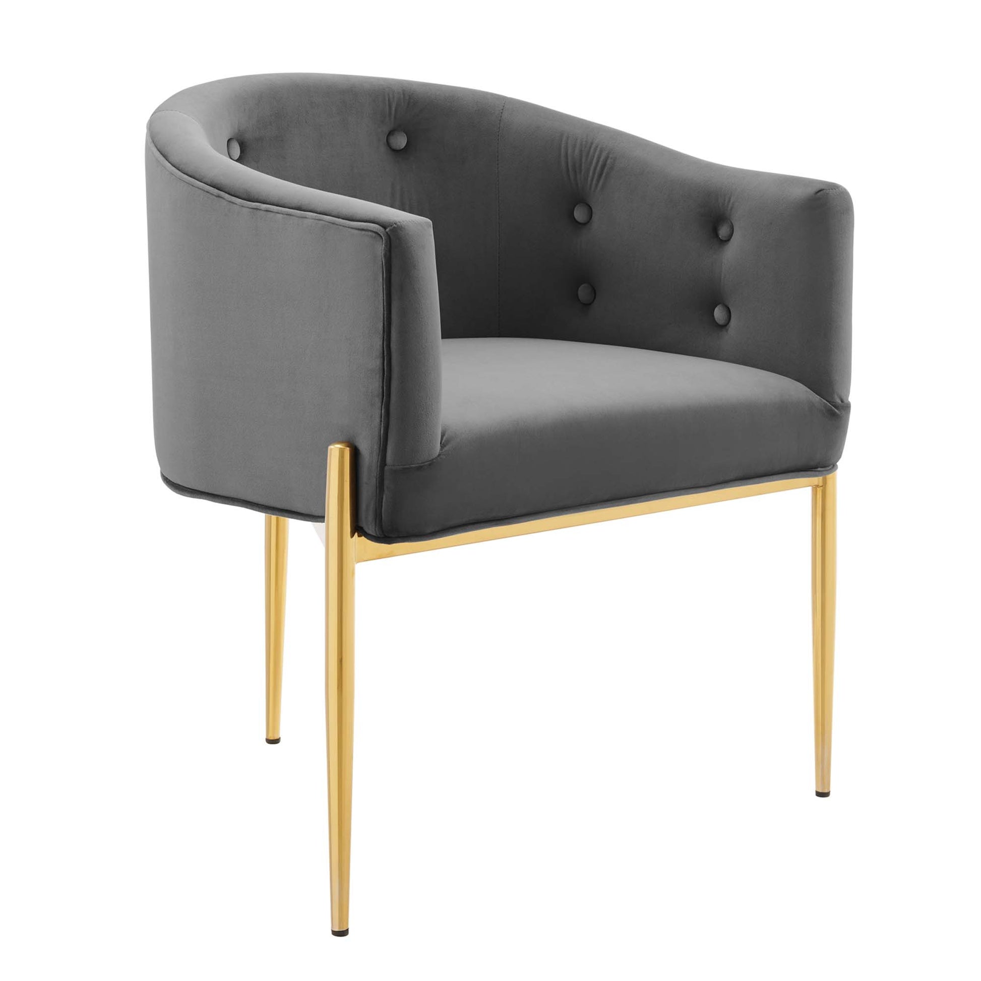 Grey velvet curved accent chair with tufted back and gold tapered metal legs.