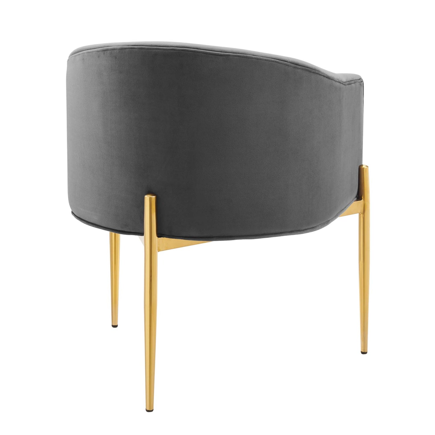 Gray velvet curved-back accent chair on gold tapered legs, modern mid-century style