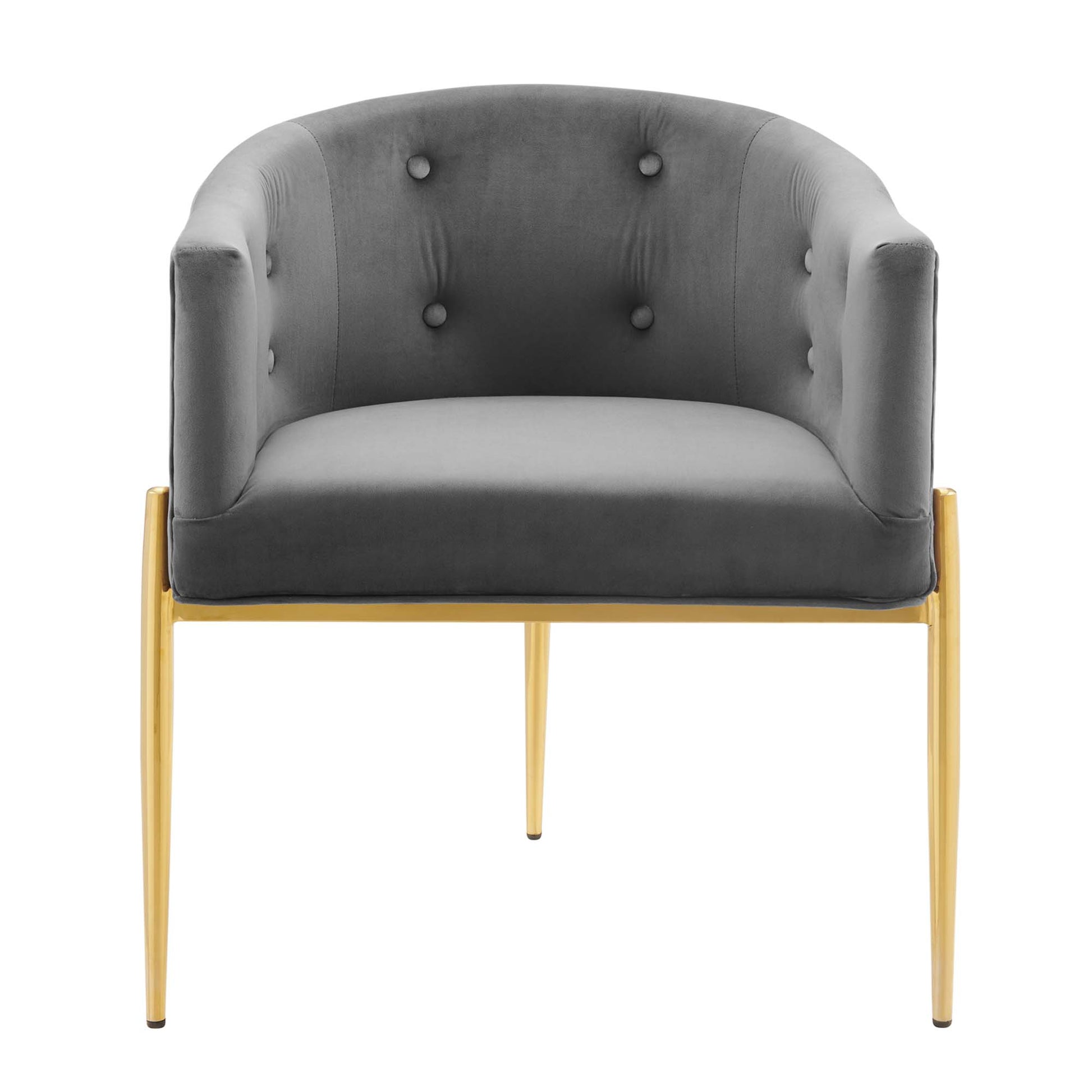 Gray velvet curved-back accent chair with tufted back & gold-tone metal legs.
