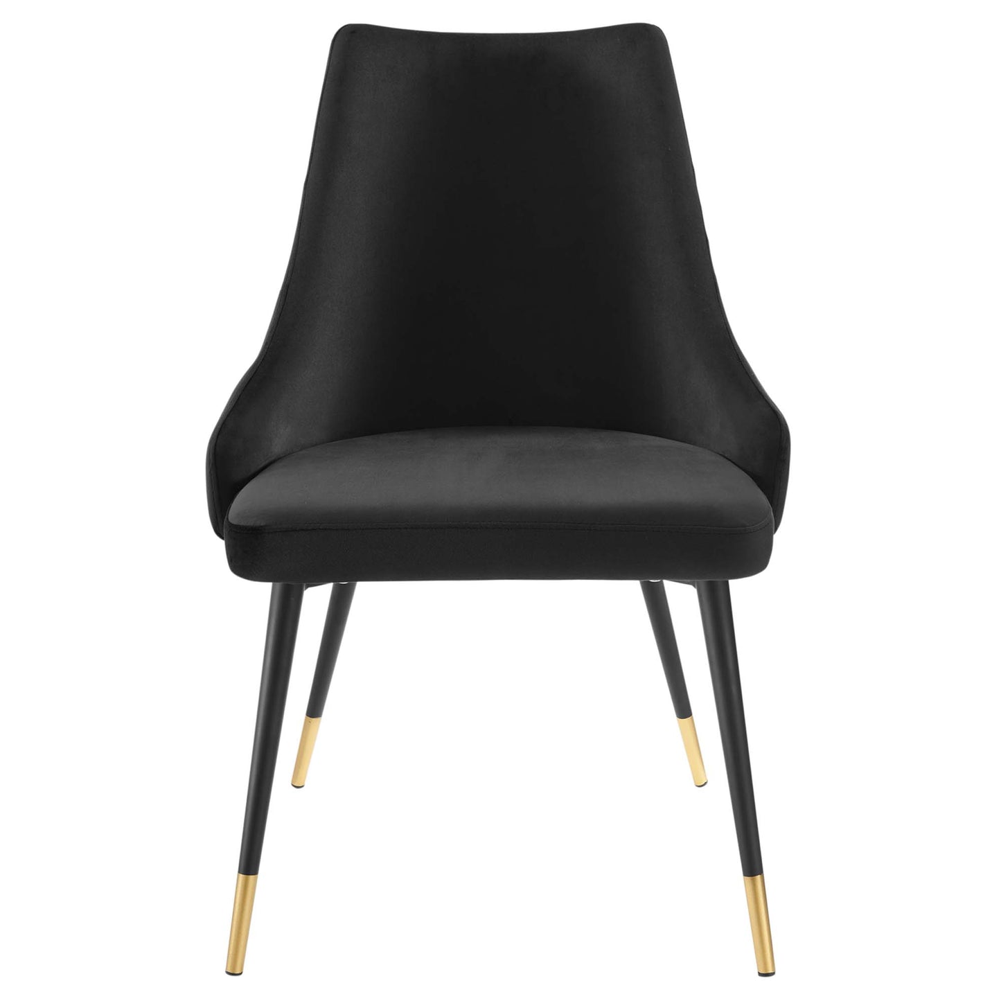 Black velvet upholstered dining side chair with a tall curved back, cushioned seat, and gold-tipped black metal legs.