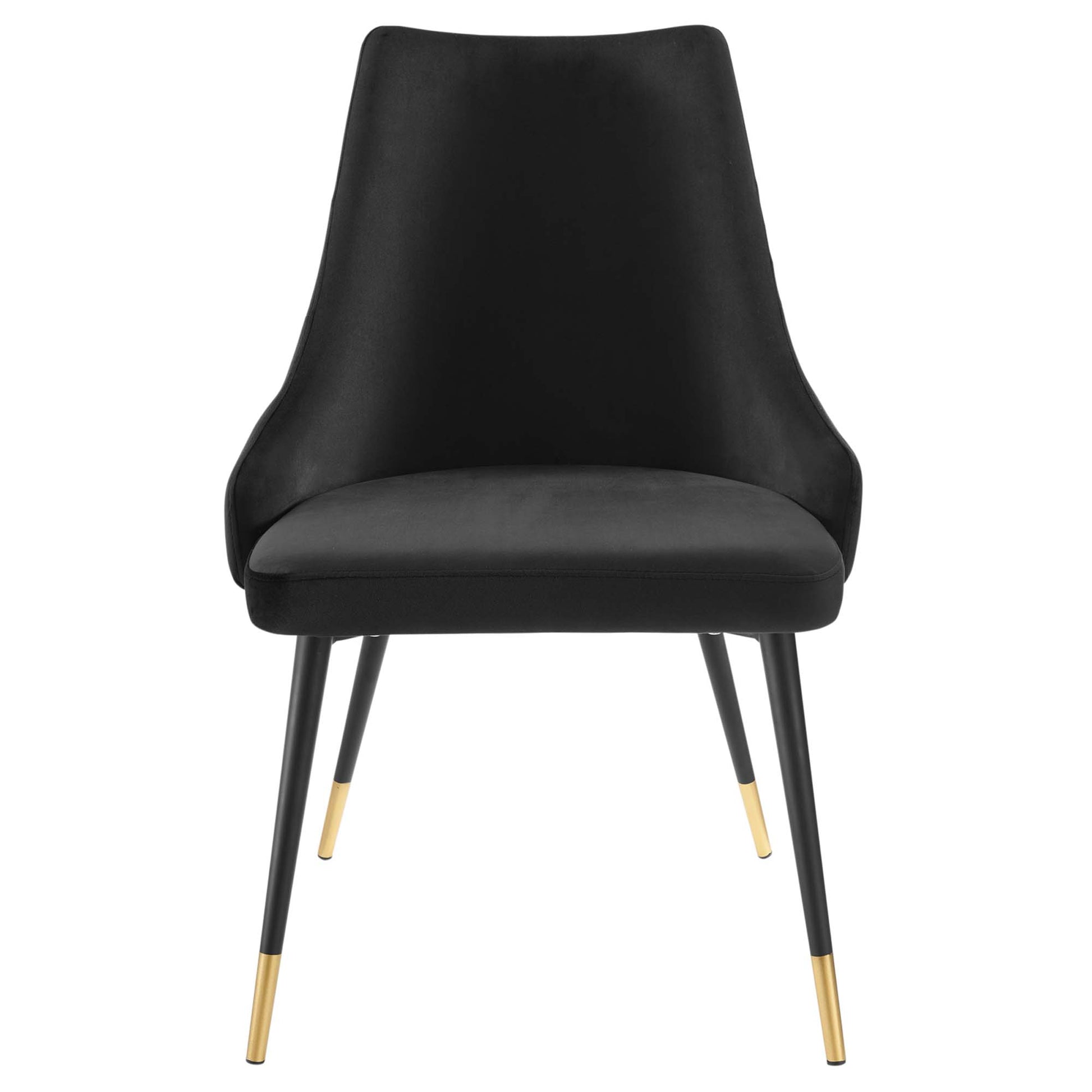 Black velvet upholstered dining side chair with a tall curved back, cushioned seat, and gold-tipped black metal legs.