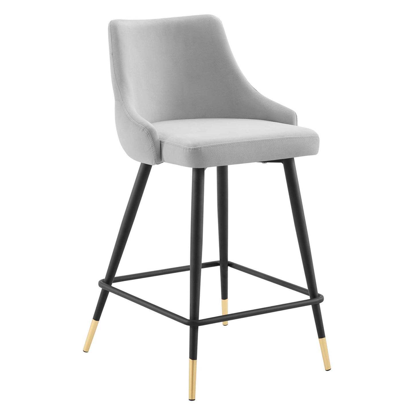 Gray upholstered counter stool with curved back, black metal legs, brass-tipped feet, and square footrest.