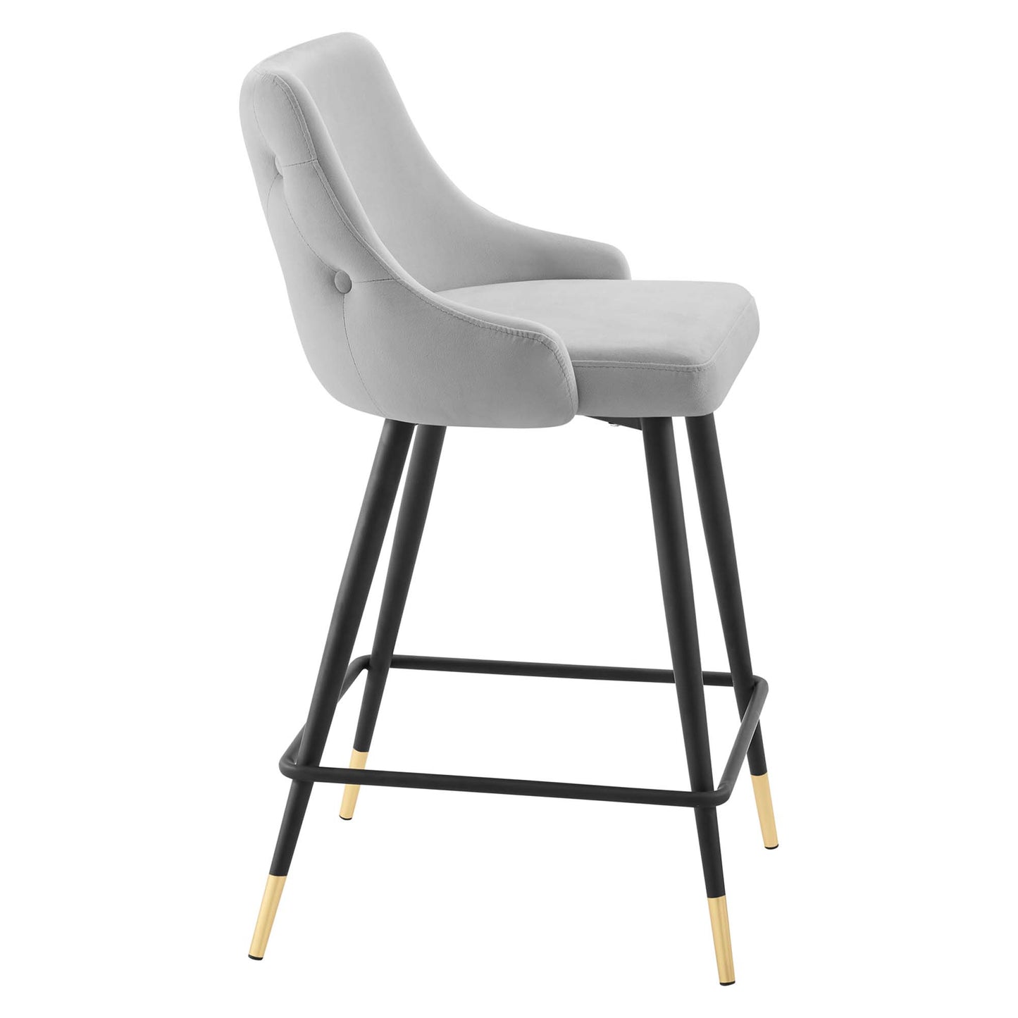Light gray upholstered counter stool with curved back, black metal legs, gold-capped feet, and footrest.