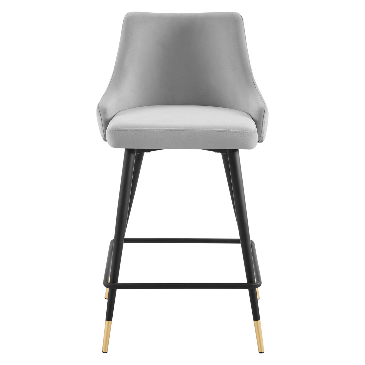 Gray upholstered counter stool with curved back, black metal legs, gold-tipped feet and a footrest.