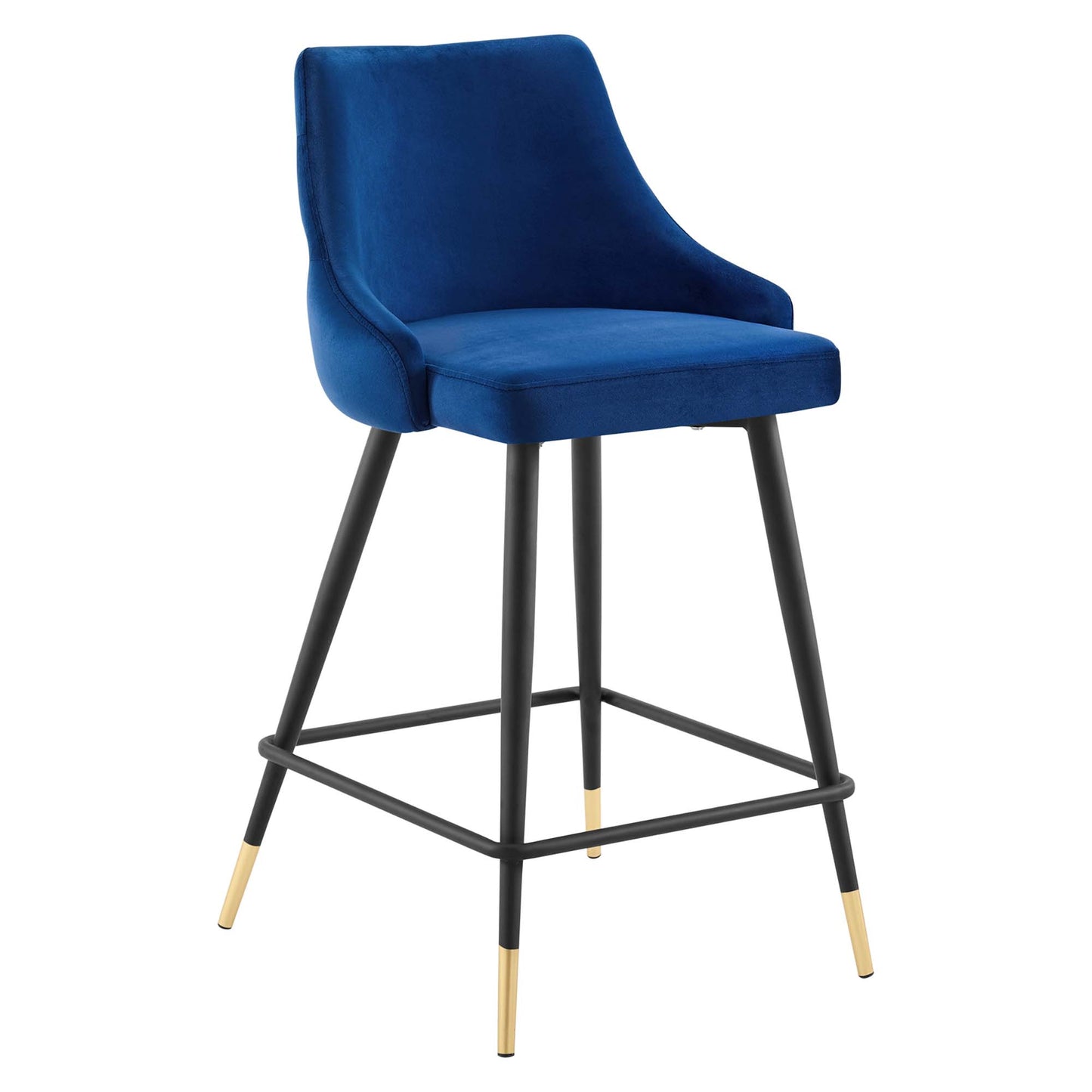 Navy blue velvet counter stool with curved back, black metal legs, crossbar footrest, and gold-tipped feet.