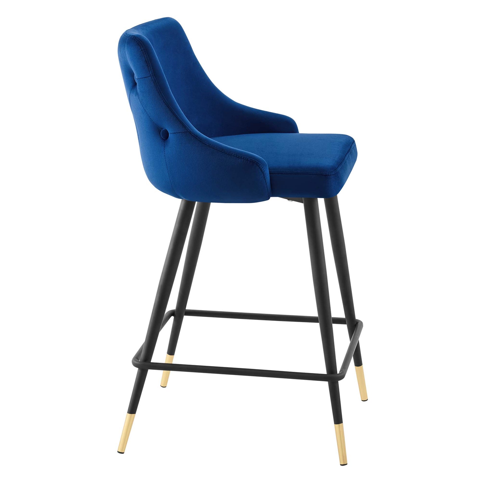Navy blue velvet counter stool with high back, black metal legs, gold-tipped feet and footrest.