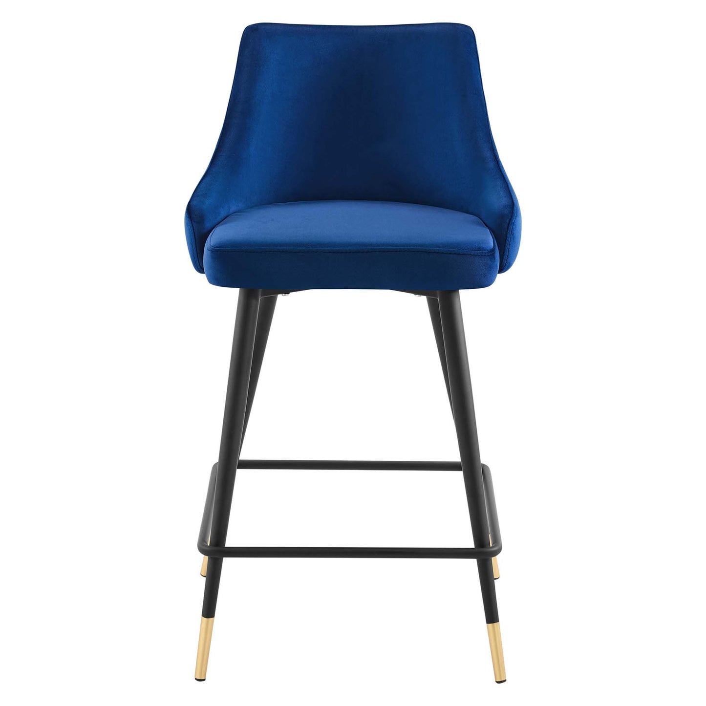 Navy blue velvet counter stool with curved back, padded seat, black metal legs and gold-tipped feet.