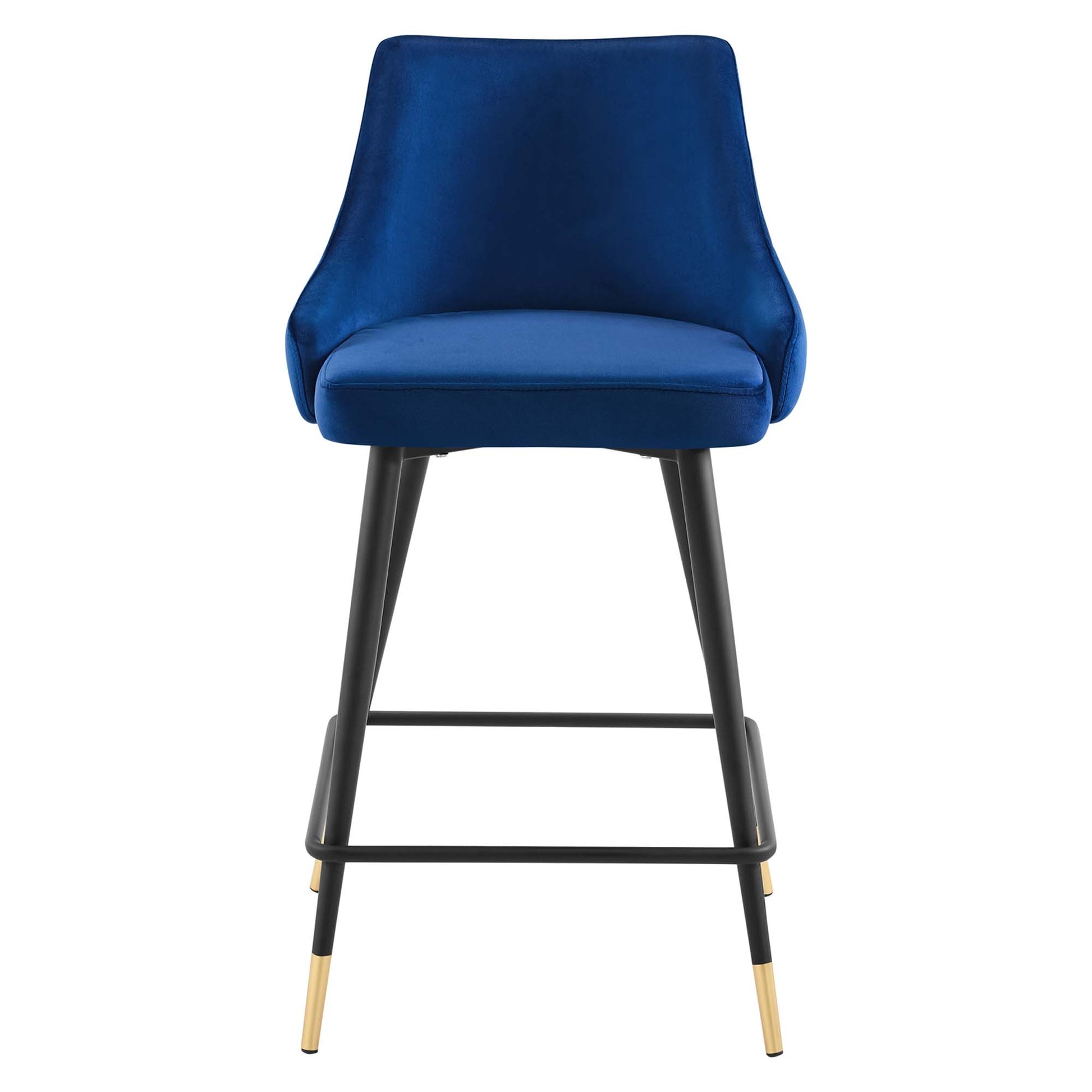 Navy blue velvet counter stool with curved back, padded seat, black metal legs and gold-tipped feet.