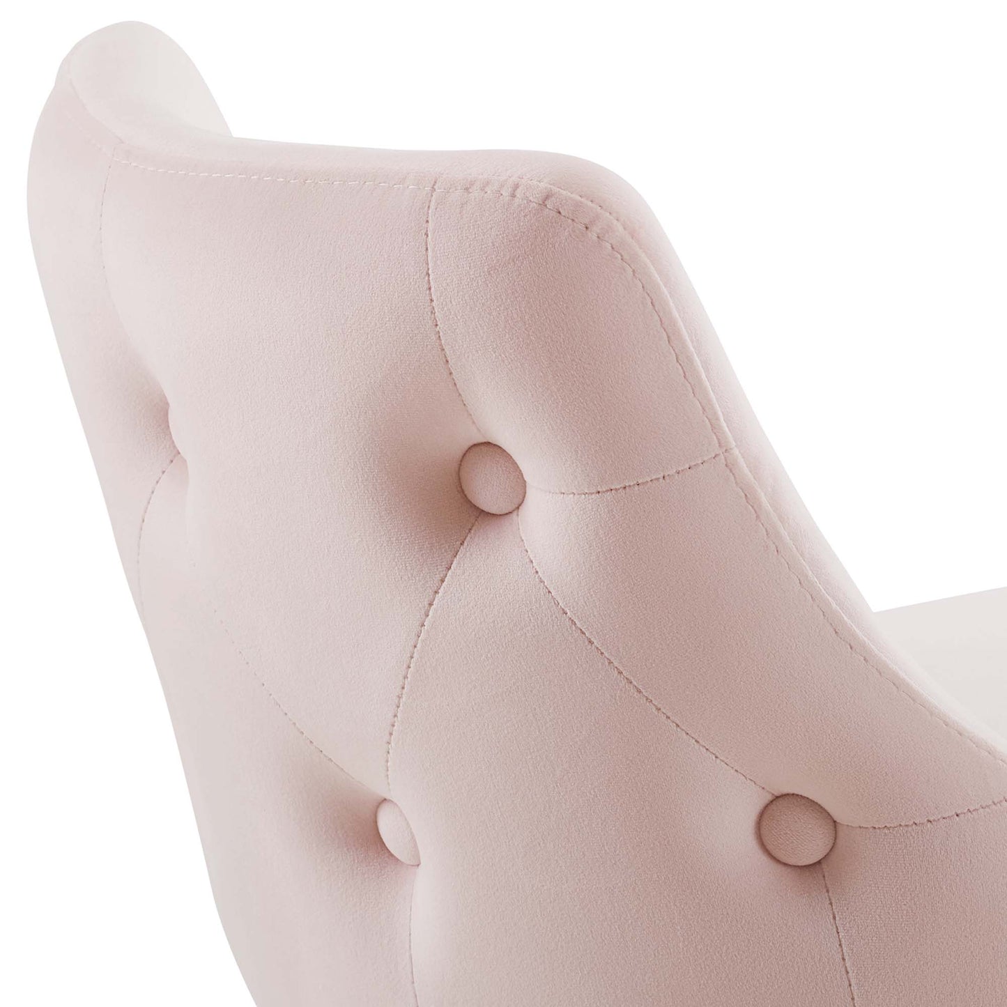 Soft pink tufted performance velvet counter stool with button details and curved silhouette.