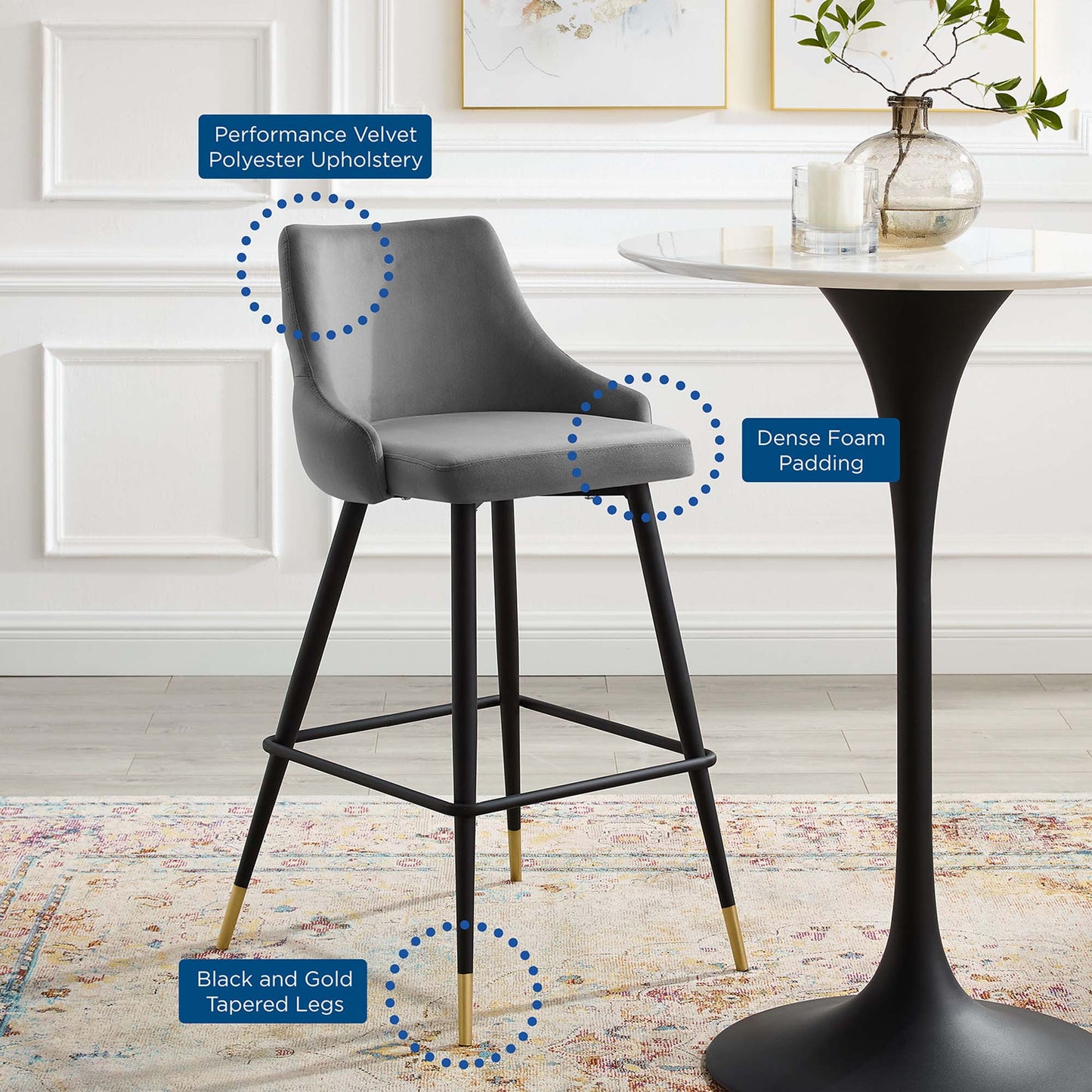 Modway Outlet Adorn Performance Velvet Bar Stool by Modway  Bar and Dining Furniture Gray - EEI-3909-GRY