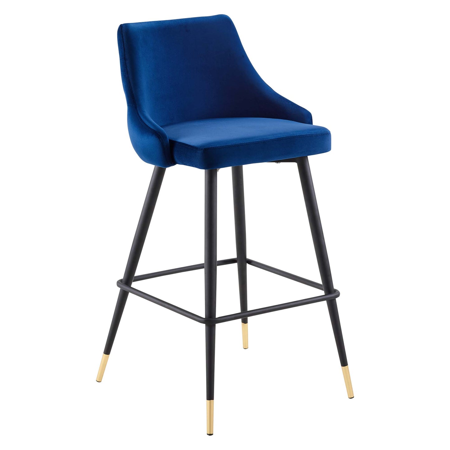 Navy blue velvet bar stool with curved back, black metal legs, and gold-tipped feet.