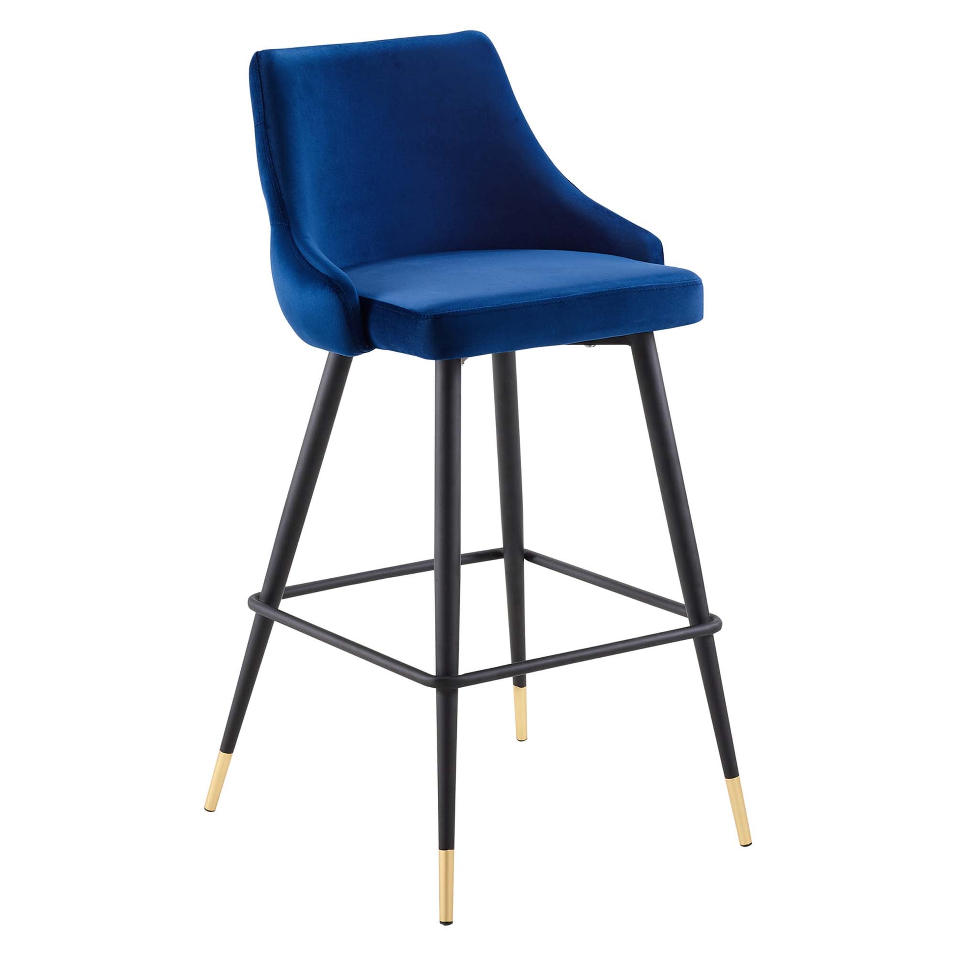 Navy blue velvet bar stool with curved back, black metal legs, and gold-tipped feet.