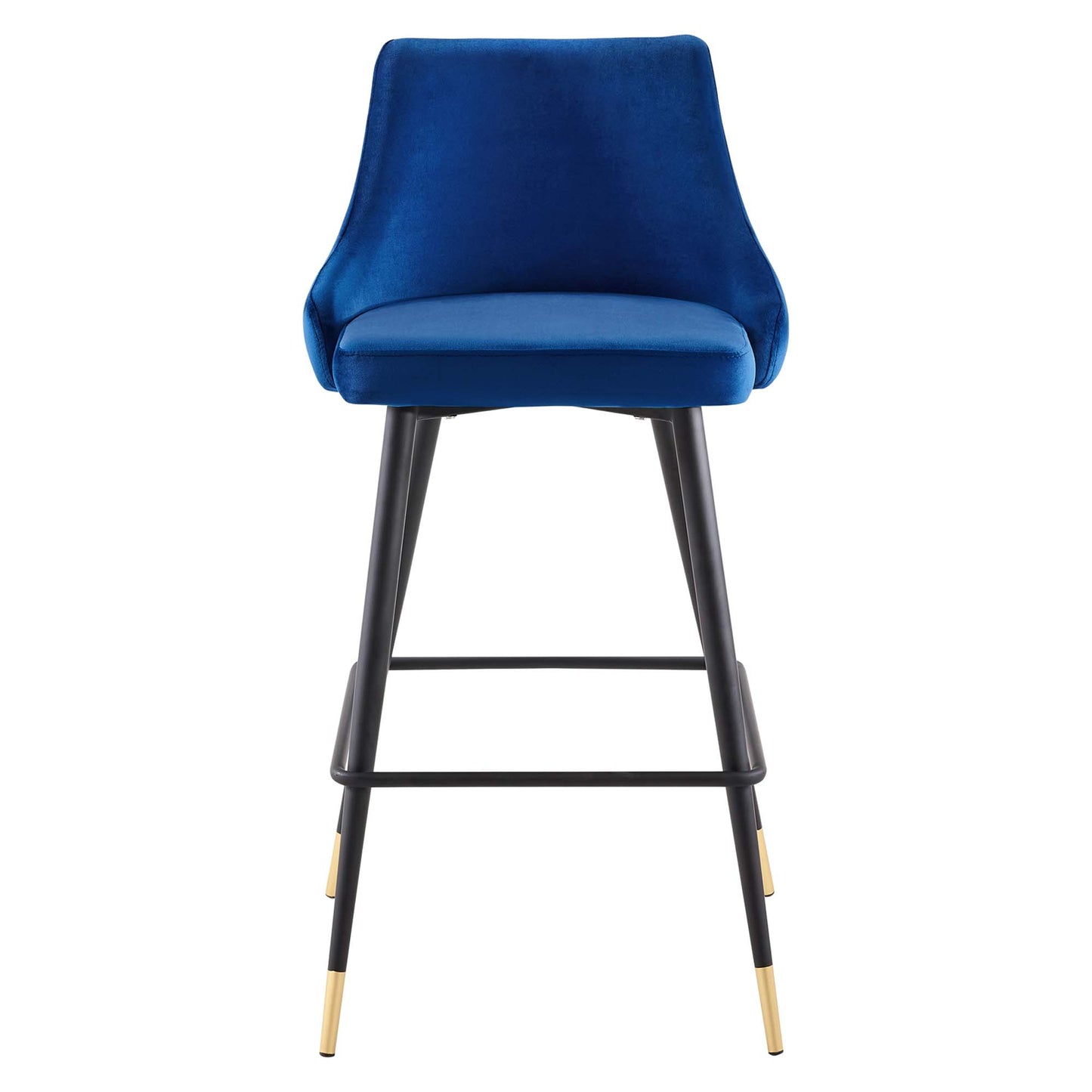 Navy velvet upholstered bar stool with curved back, black metal legs, gold-tone foot caps and a footrest.