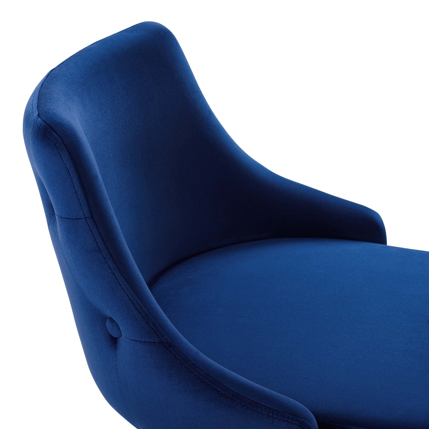 Navy blue performance velvet bar stool with curved back.