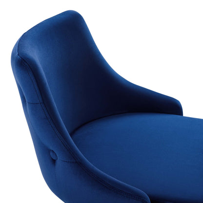 Navy blue performance velvet bar stool with curved back.