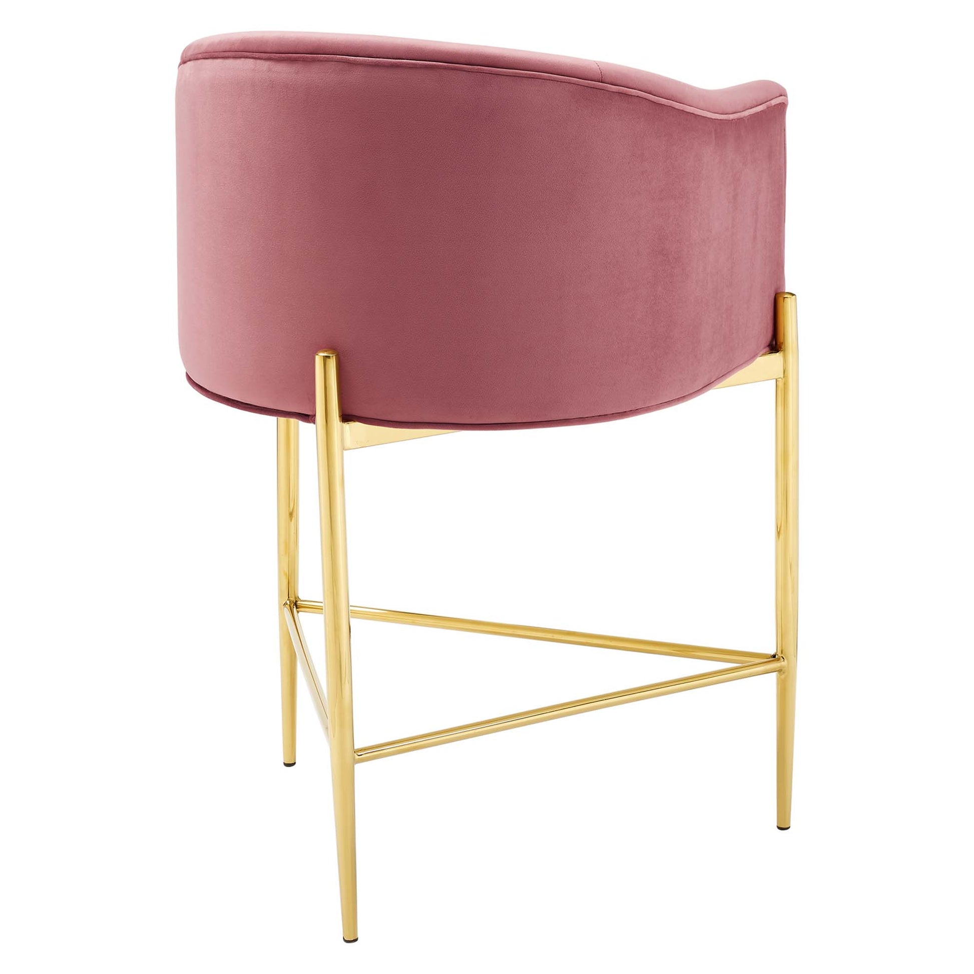 Dusty rose velvet tufted counter stool with curved backrest, gold metal frame and slim legs; modern luxe vanity/dining seating.