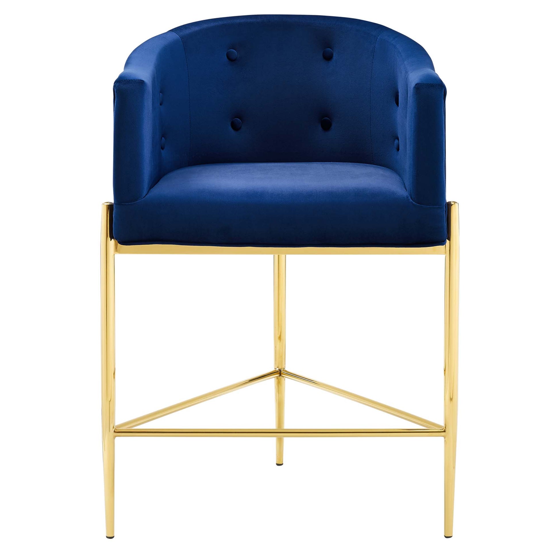 Navy blue velvet tufted counter stool with gold metal frame and cross-brace legs.