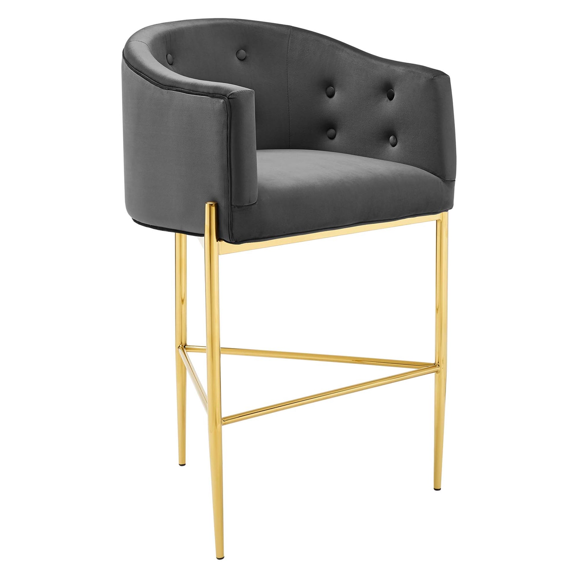 Dark gray tufted velvet bar stool with curved back, gold metal frame and footrest.
