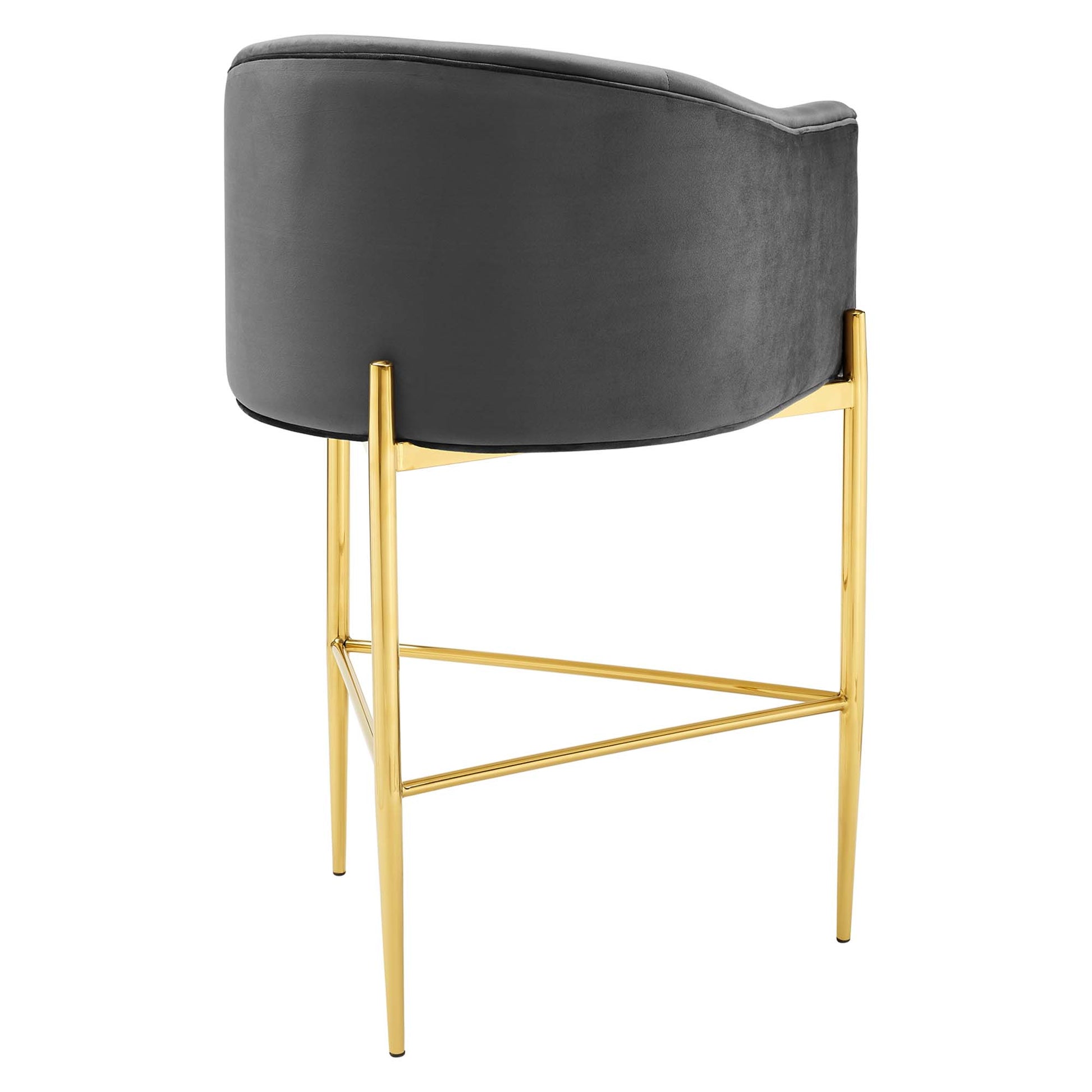 Dark gray tufted velvet bar stool with gold-finished metal legs and crossbar supports.