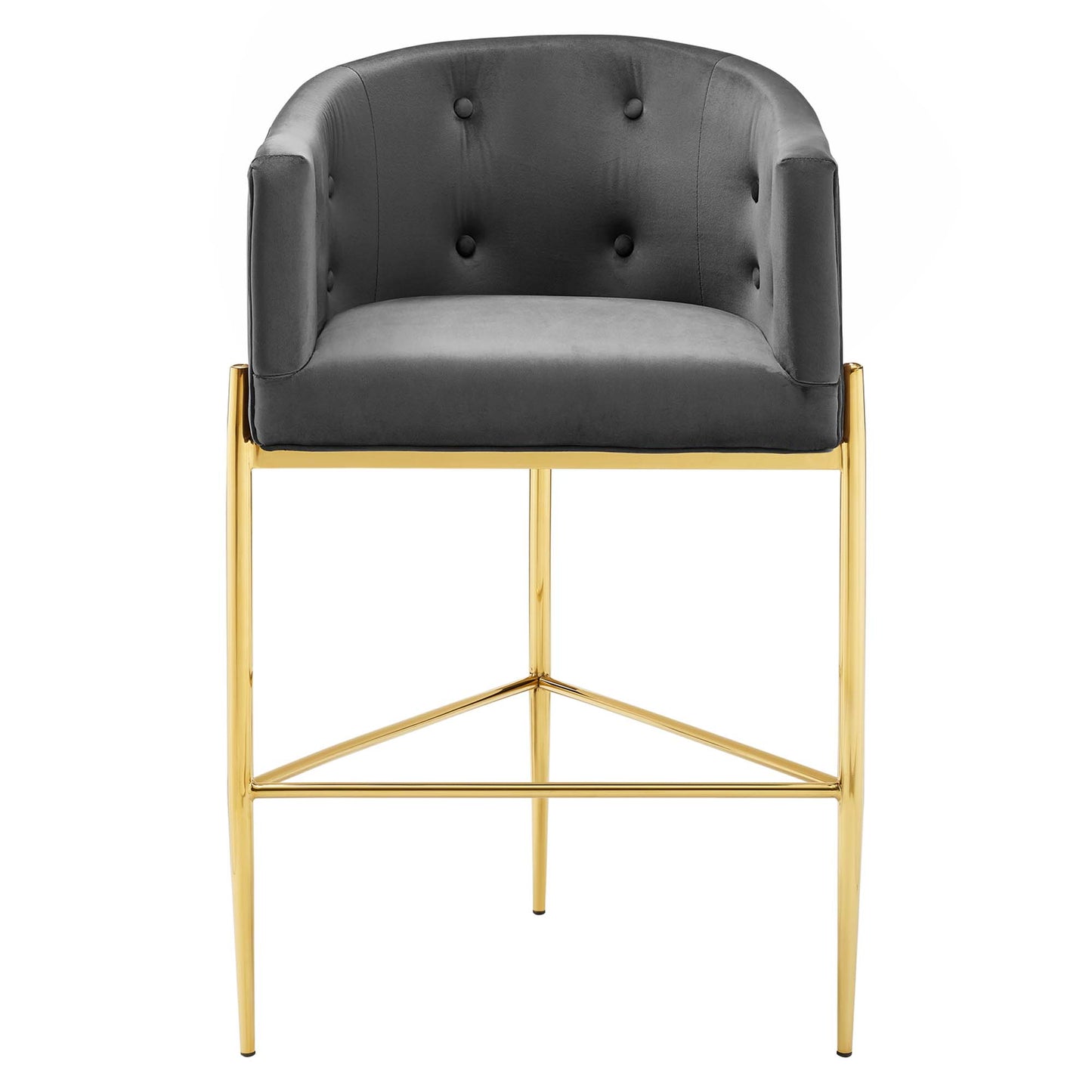Charcoal tufted velvet bar stool with a gold metal frame, padded arms and footrest.