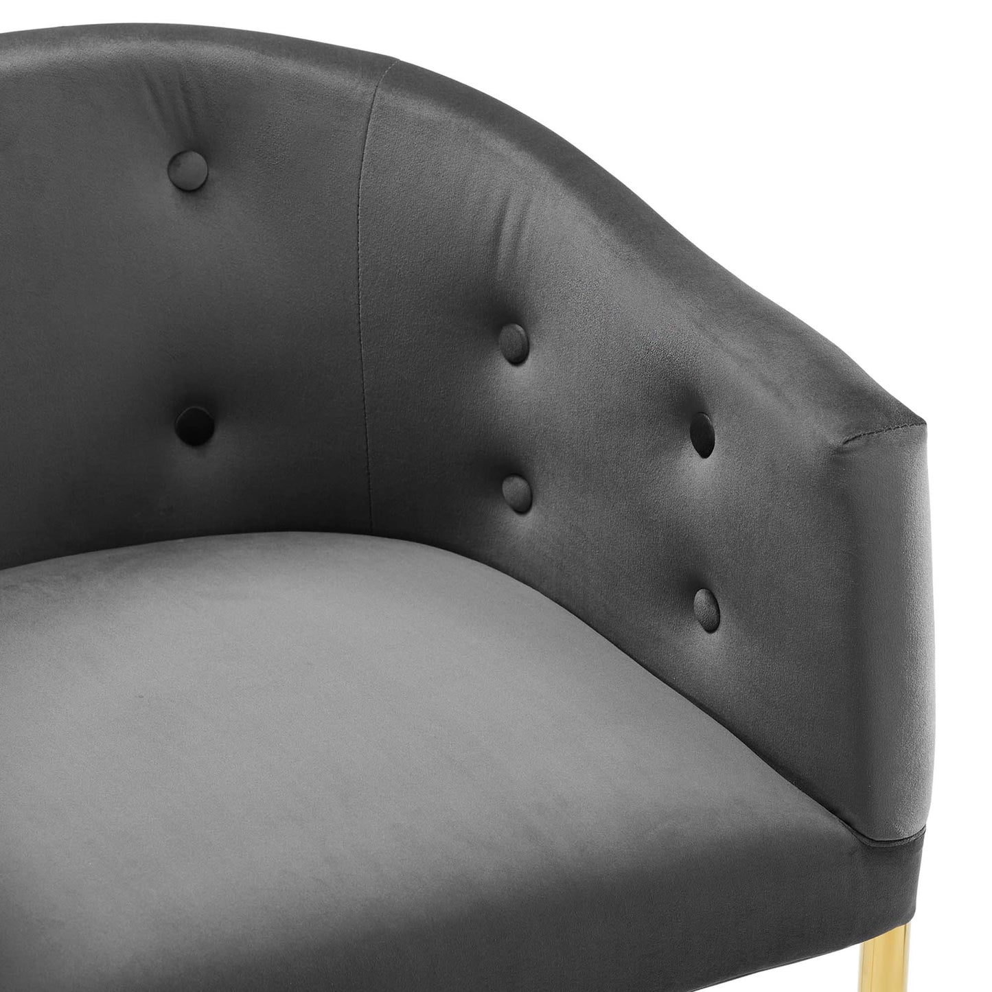 Charcoal tufted performance velvet bar stool with a curved back, button accents, and light wood legs.