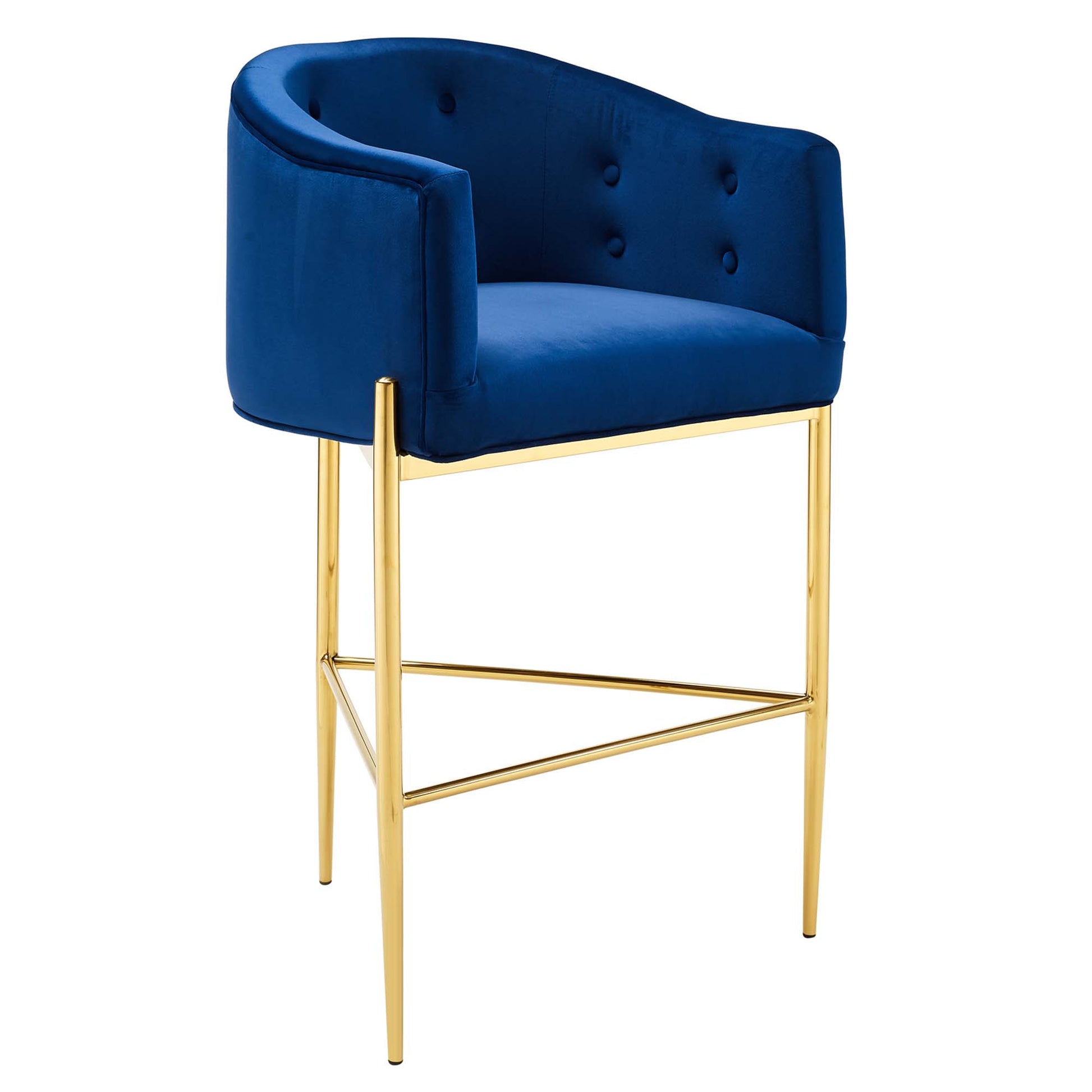 Navy blue velvet bar stool with curved back, tufted back panel, and gold metal frame with footrest.