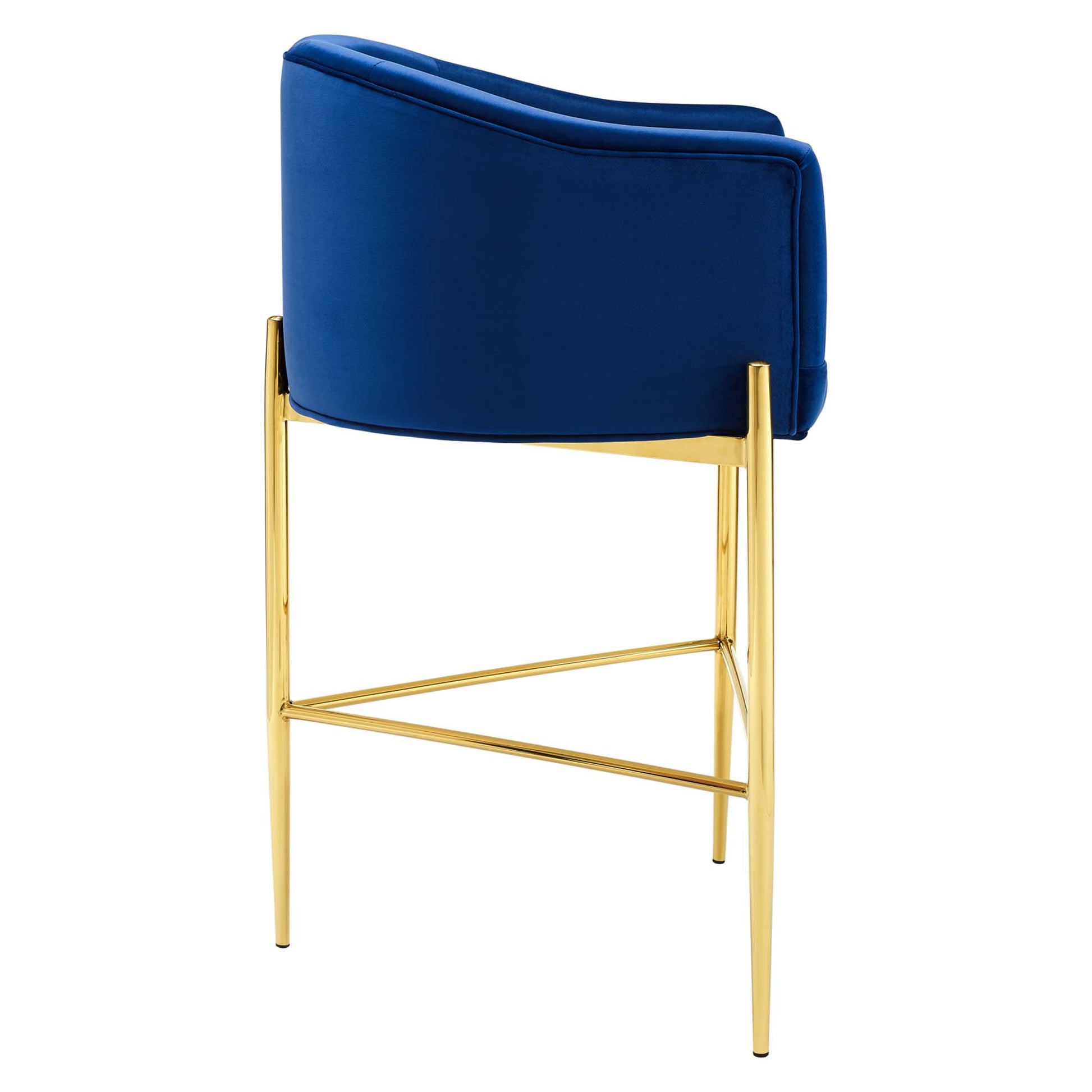Navy blue velvet upholstered bar stool with a gold metal frame & slim legs, curved backrest, contemporary lounge style.
