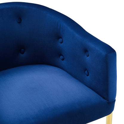 Navy velvet tufted bar stool with curved back and gold metal legs.