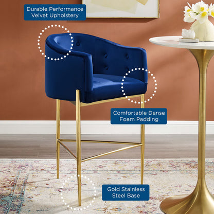 Navy tufted performance velvet bar stool with a padded back and seat on a gold metal base.