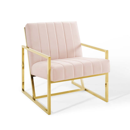 Blush pink velvet armchair with vertical channel tufting and a gold geometric metal frame.