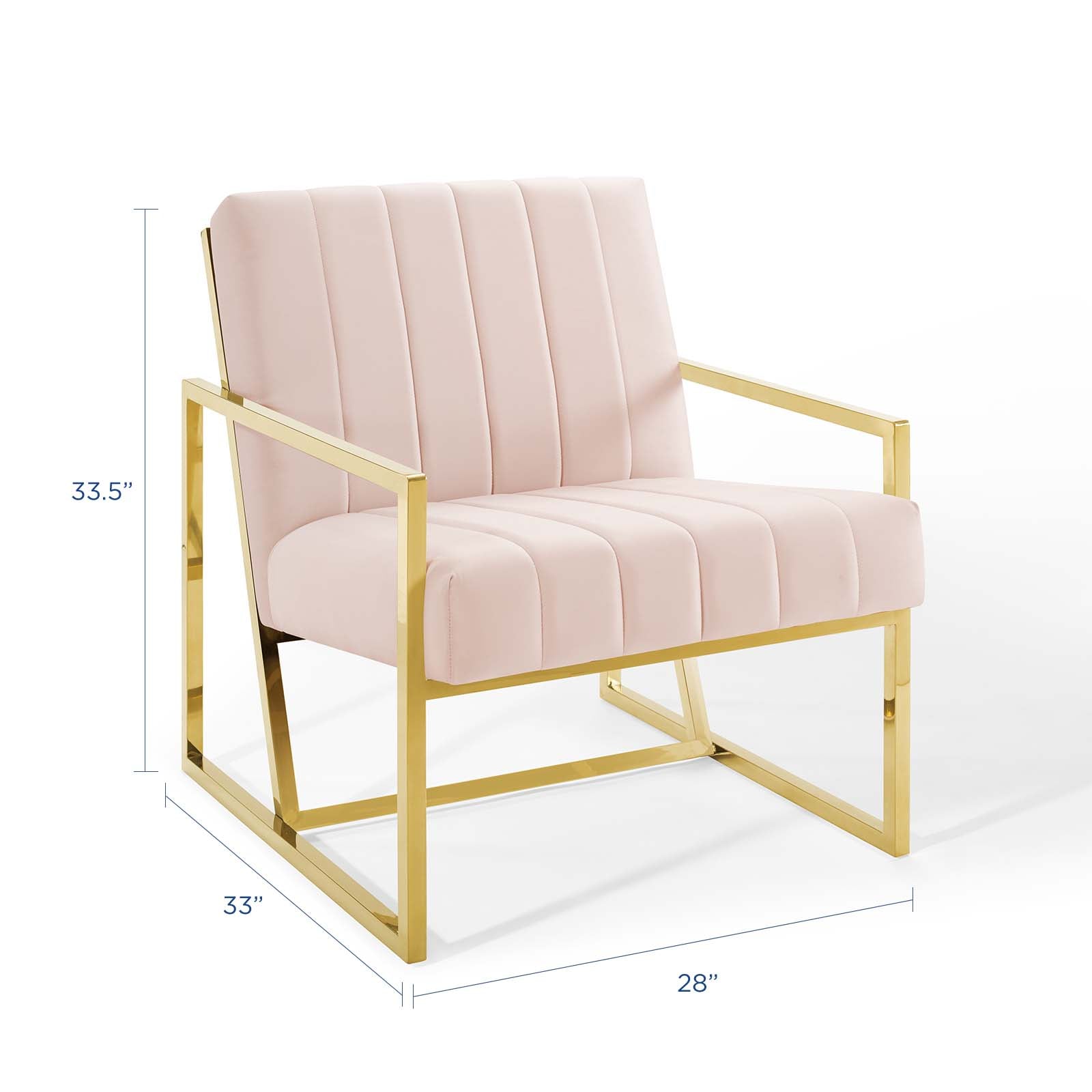 Soft pink upholstered armchair with vertical channel tufting and a gold metal frame; modern living room seating.