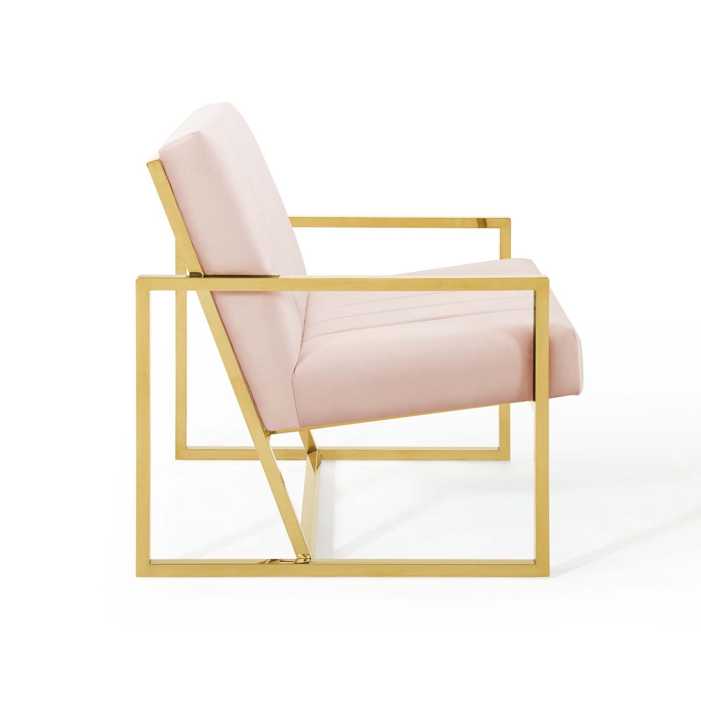 Blush pink upholstered armchair with gold metal square frame & angular arms, modern glam.