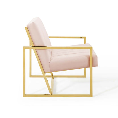 Blush pink upholstered armchair with gold metal square frame & angular arms, modern glam.