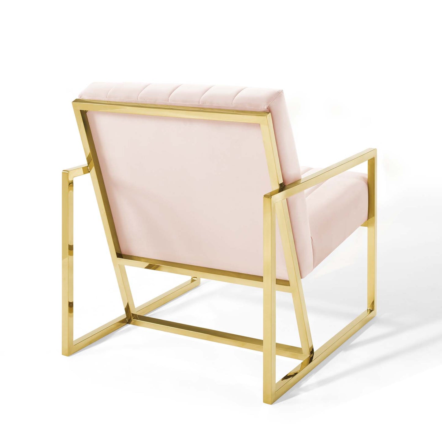 Gold-tone metal frame armchair with blush pink upholstery, geometric modern design.
