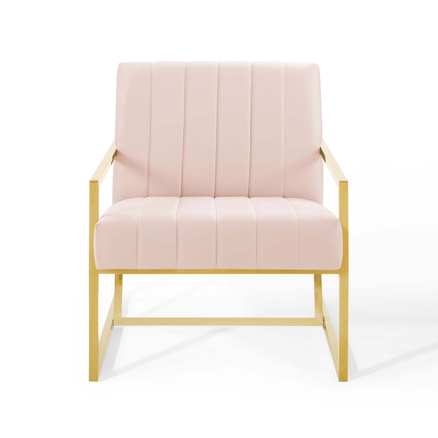 Pink performance velvet armchair with a gold metal frame and vertical channel tufting, modern glam style.