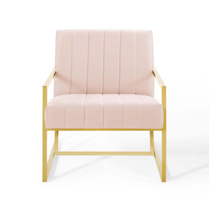 Pink performance velvet armchair with a gold metal frame and vertical channel tufting, modern glam style.