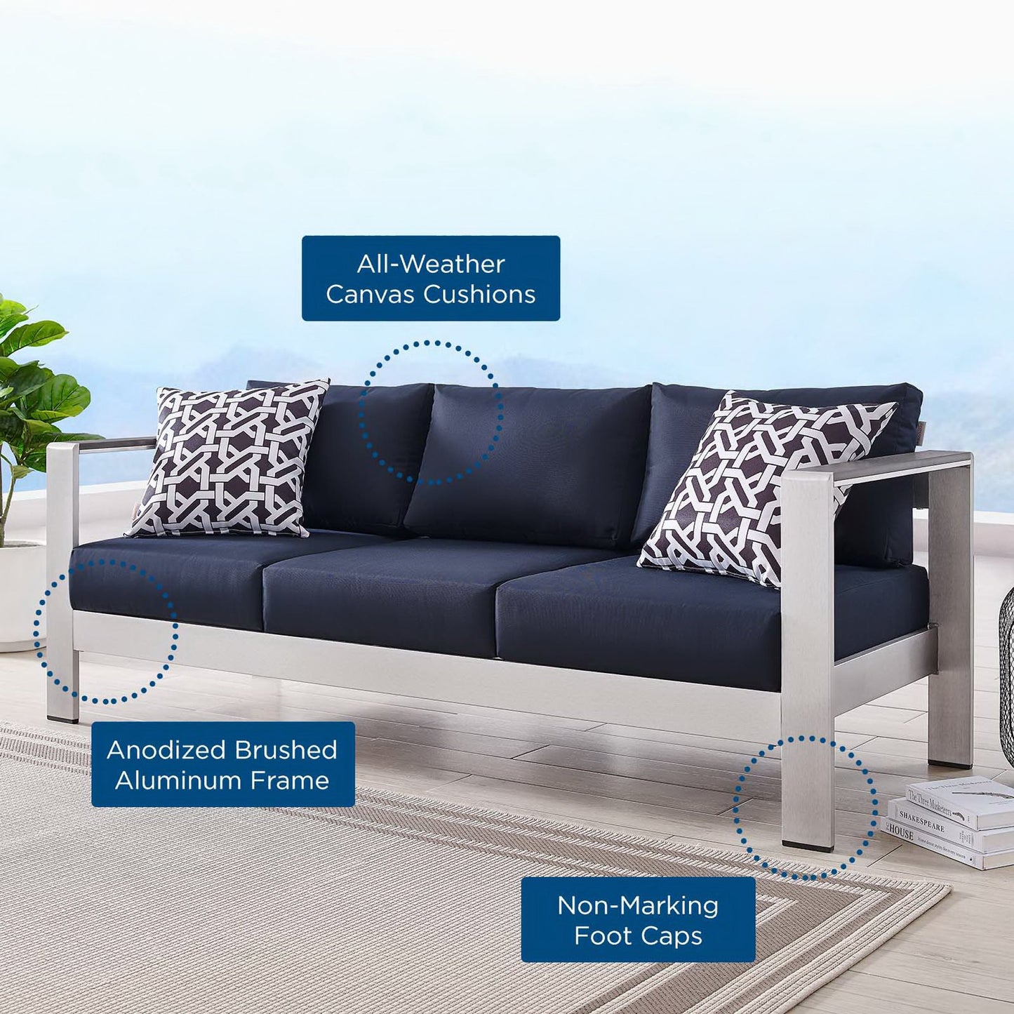 Modway Outlet Shore Outdoor Patio Aluminum Sofa by Modway  Outdoor Furniture Furniture Silver Navy - EEI-3917-SLV-NAV