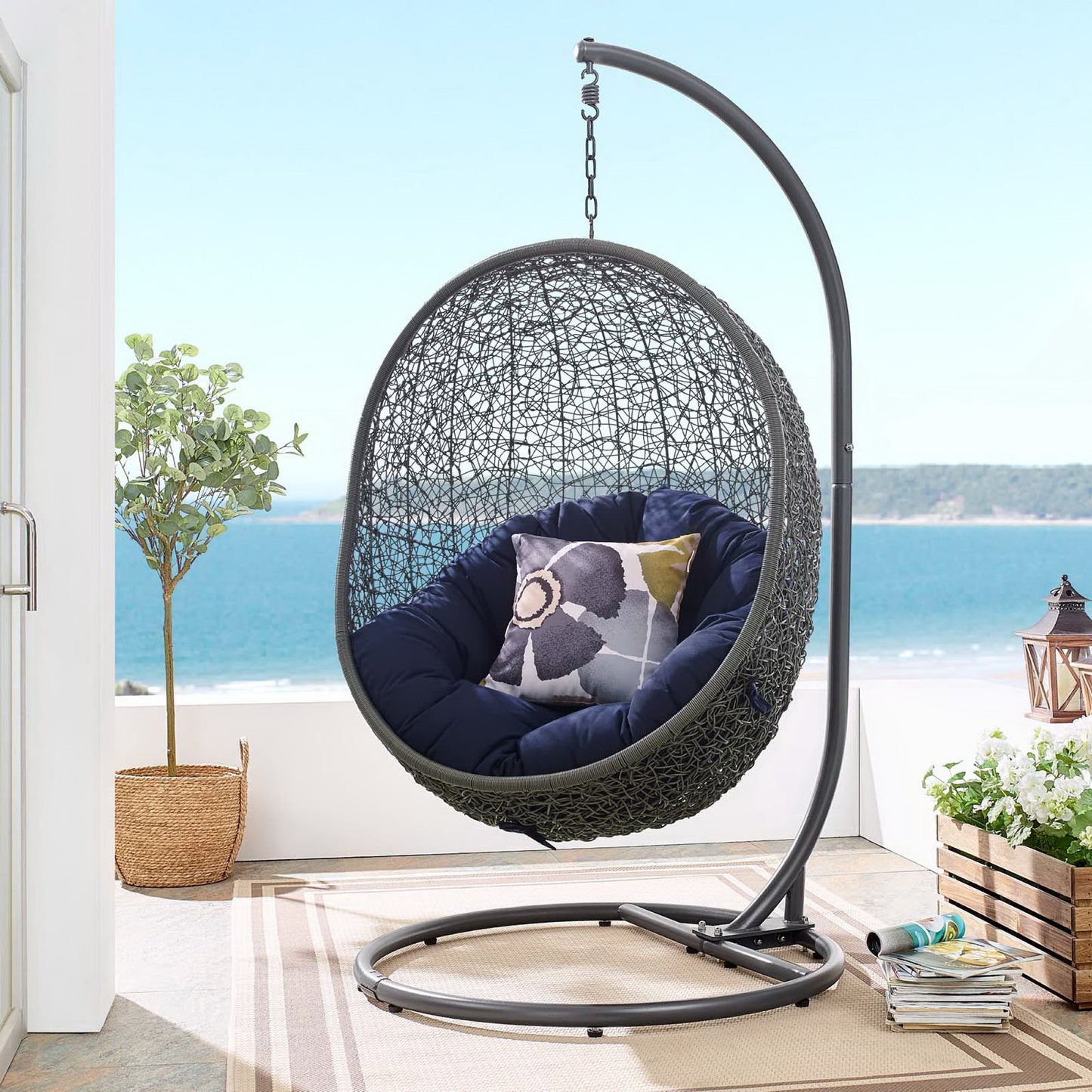 Modway - Hide Outdoor Patio Sunbrella? Swing Chair With Stand by Modway  Outdoor Furniture Daybeds and Lounges Blue - EEI-3929-GRY-NAV