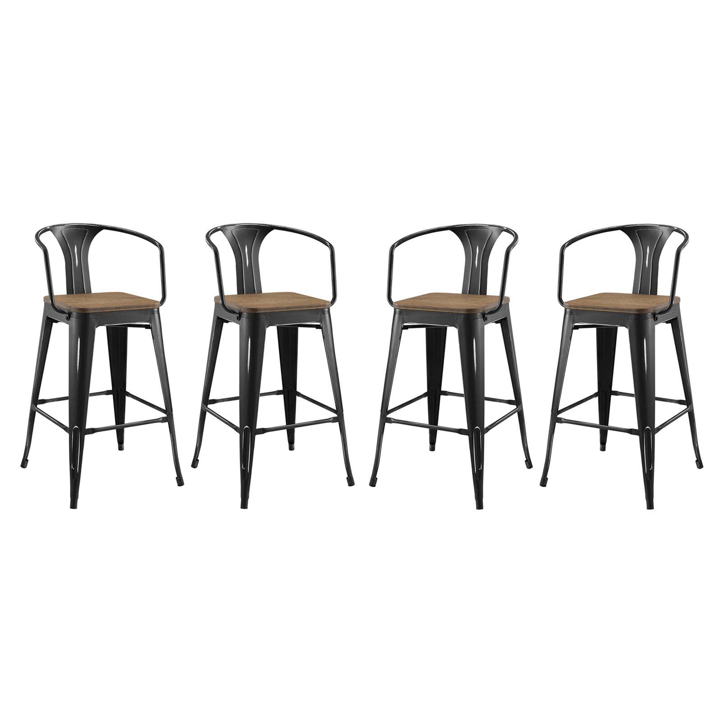Set of four black metal bar stools with natural wood seats and curved backrests, industrial style.