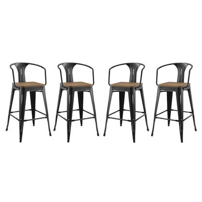 Set of four black metal bar stools with natural wood seats and curved backrests, industrial style.