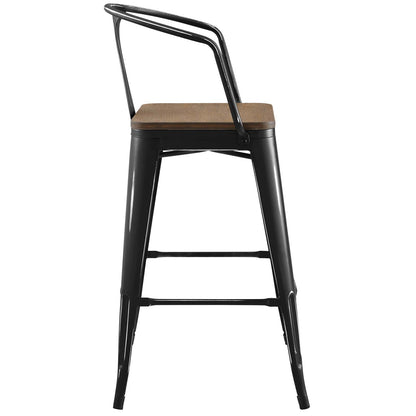 Black metal bar stools with natural wood seats, curved backrests, industrial style, and footrest bars; set of 4.