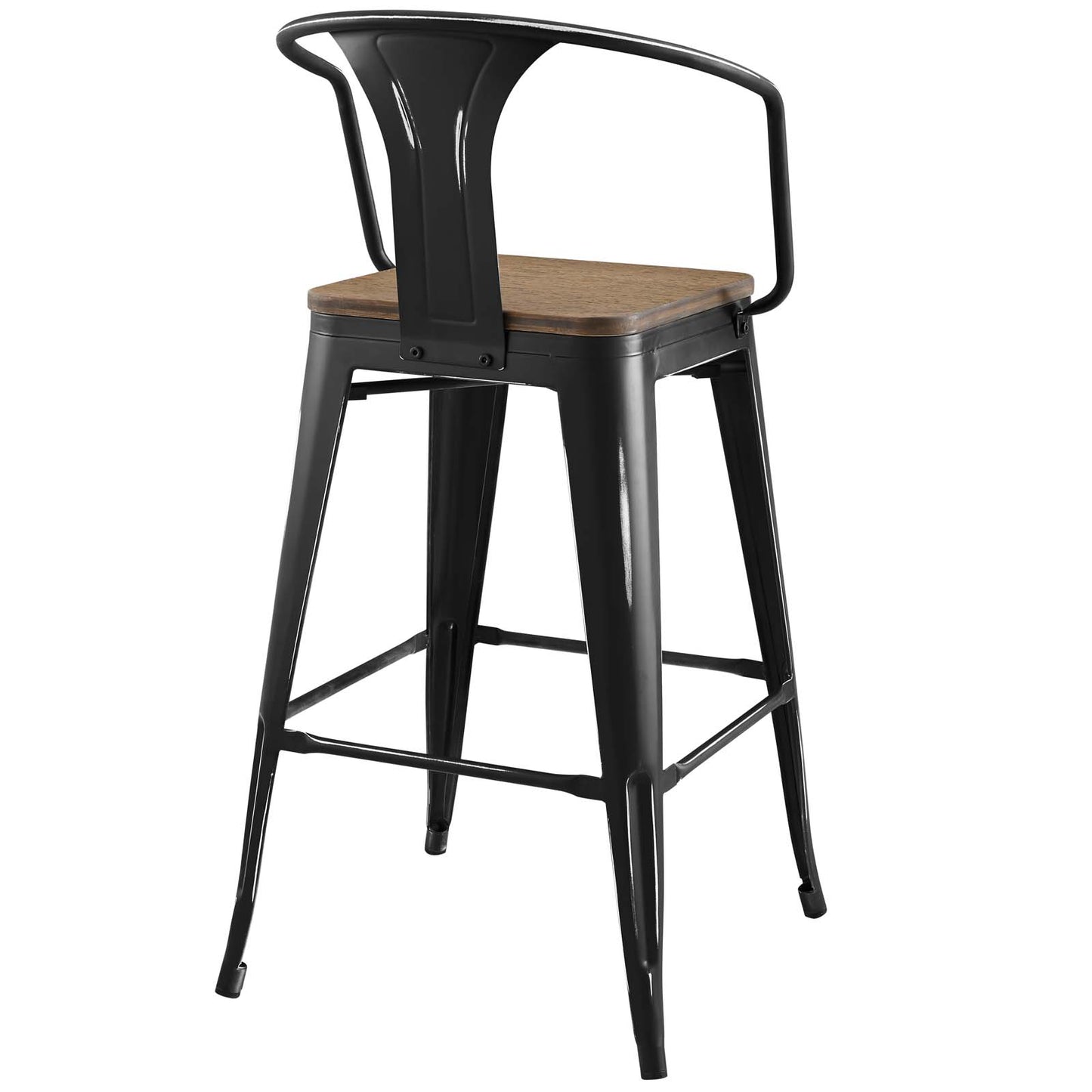 Industrial black metal bar stools with wooden seats, curved backs and built-in footrests; set of 4.