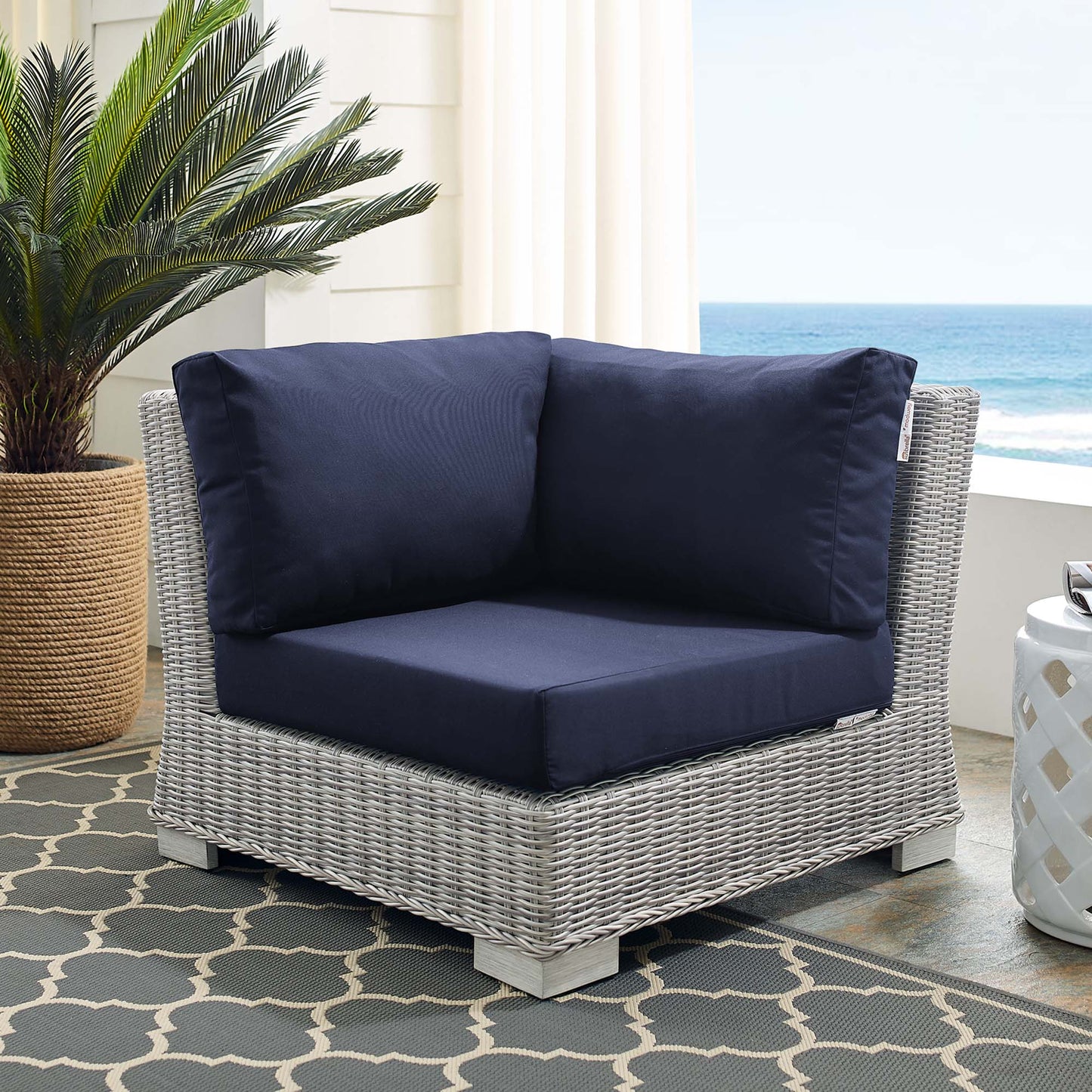 Modway Outlet Conway Sunbrella? Outdoor Patio Wicker Rattan Corner Chair by Modway  Outdoor Furniture Furniture Light Gray Navy - EEI-3970-LGR-NAV