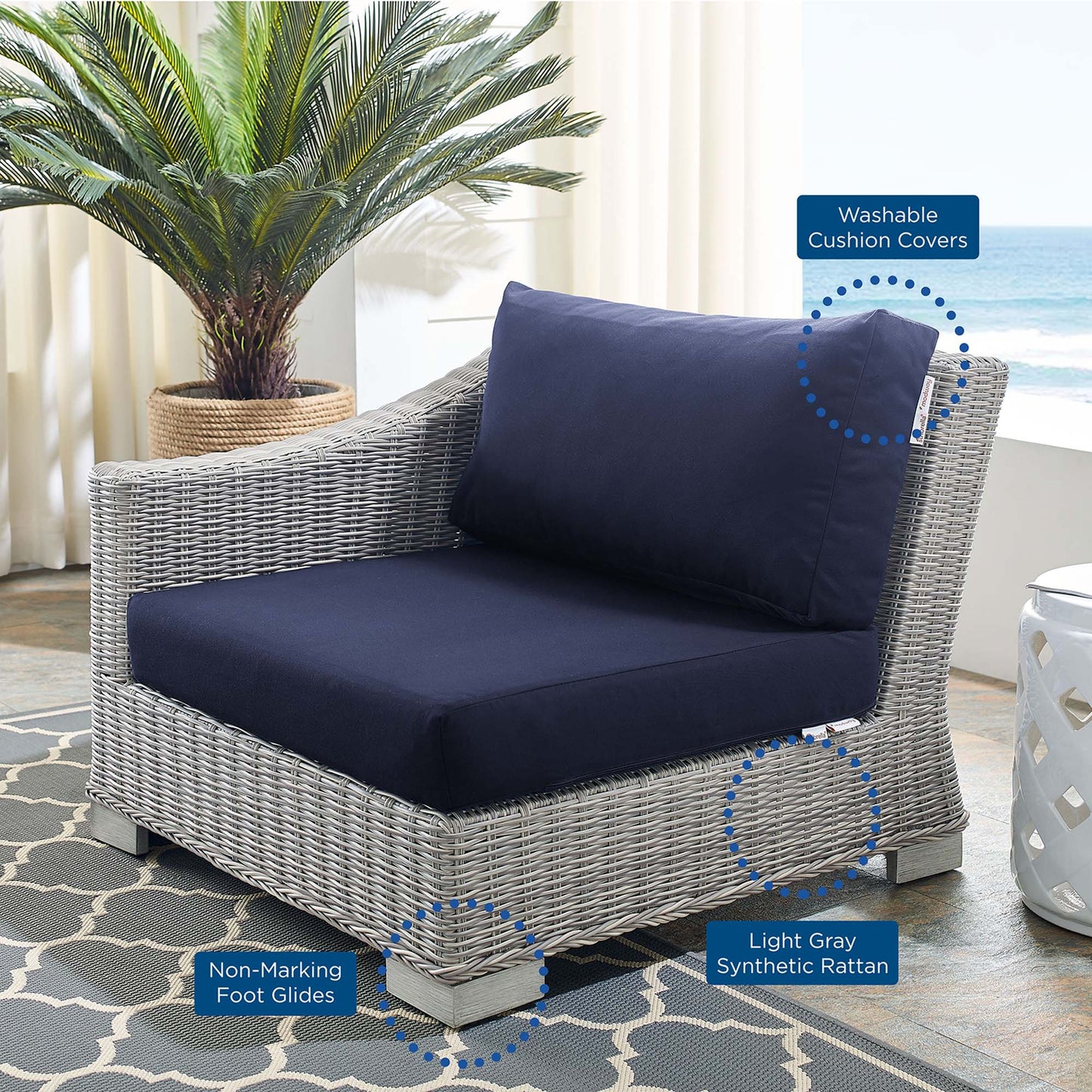 Modway Outlet Conway Sunbrella? Outdoor Patio Wicker Rattan Left-Arm Chair by Modway  Outdoor Furniture Furniture Light Gray Navy - EEI-3975-LGR-NAV