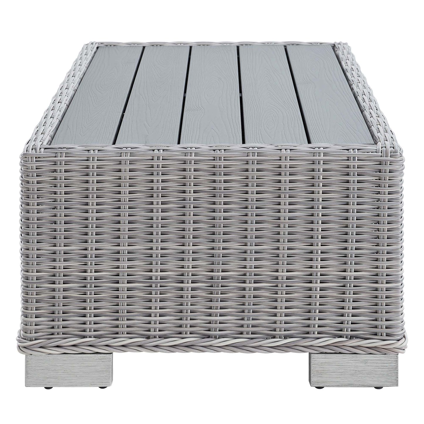 Light gray 32-inch outdoor wicker coffee table with a gray slatted wood top and short block legs.