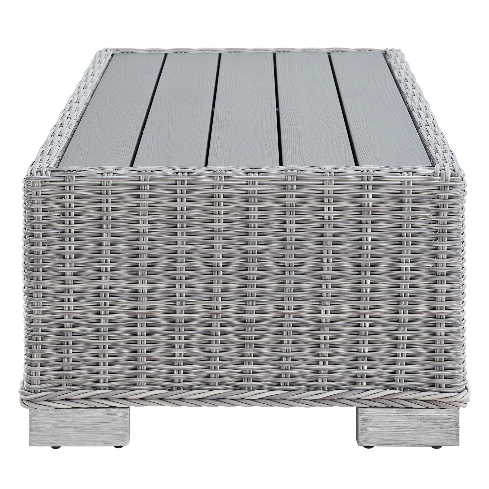 Light gray 32-inch outdoor wicker coffee table with a gray slatted wood top and short block legs.