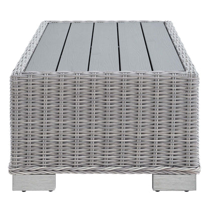 Light gray 32-inch outdoor wicker coffee table with a gray slatted wood top and short block legs.