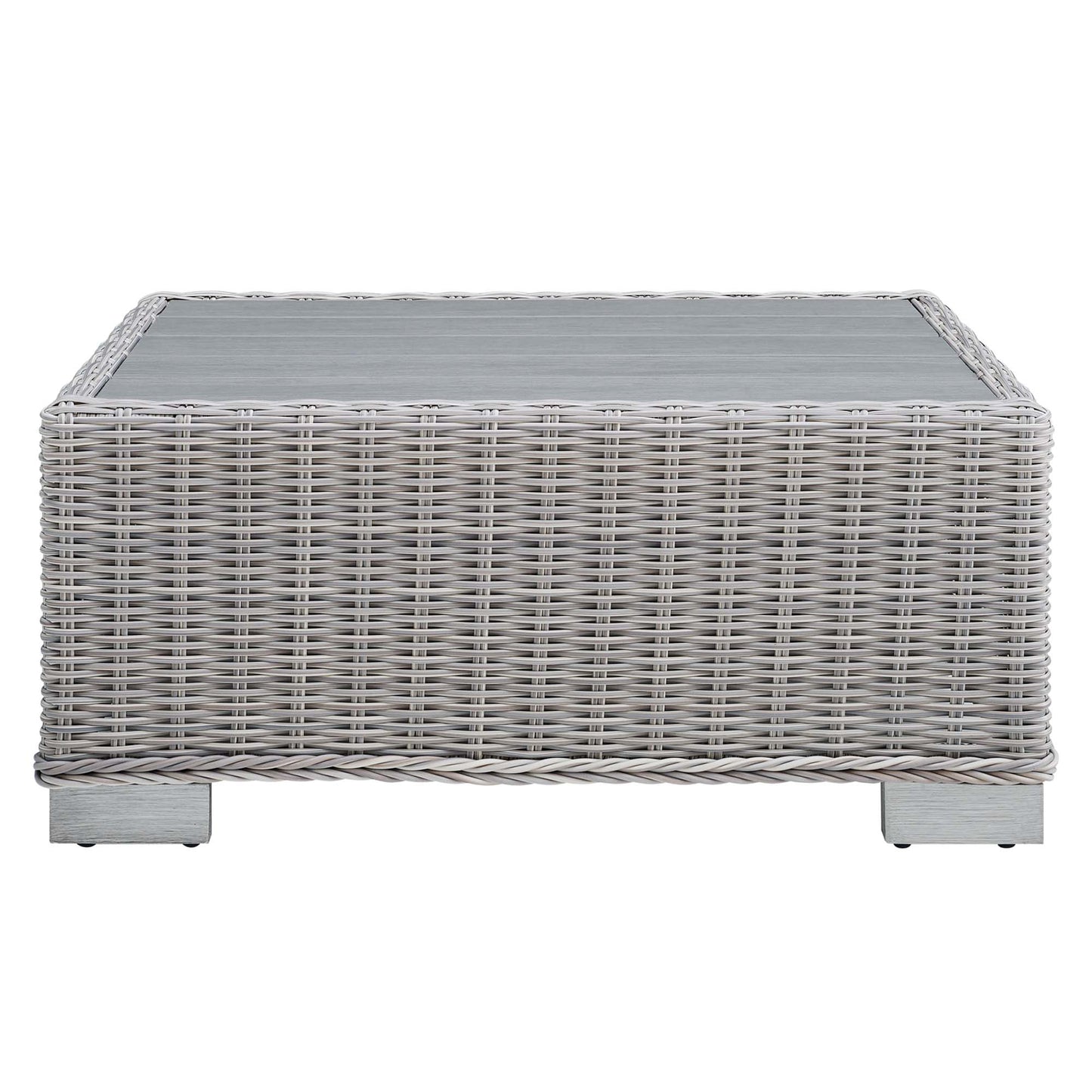 Rectangular light gray wicker coffee table with glass top, woven rattan style for outdoor patio use.