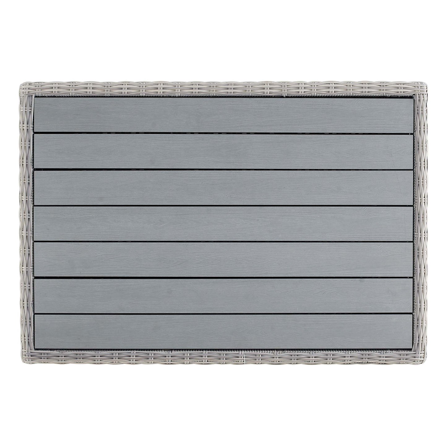 Rectangular gray slatted panel framed in light wicker, modern outdoor coffee table.