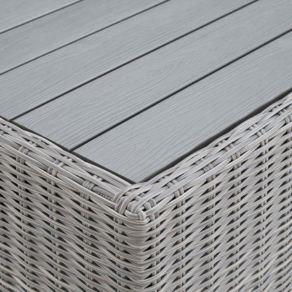 Light gray woven rattan coffee table with a slatted top.